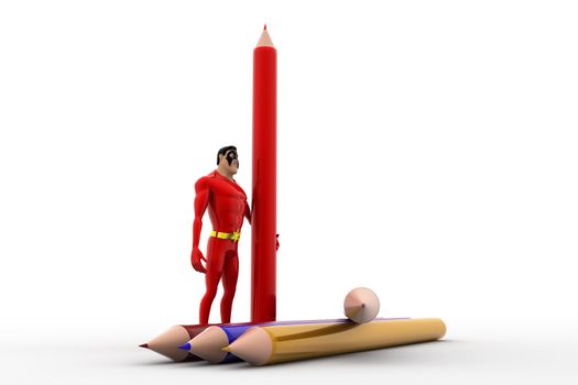 3d superhero with many colourful pencils concept on white background, side angle view