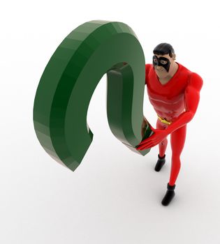 3d superhero with green question mark concept on white background, top angle view