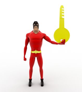 3d superhero holding key in one hand concept on white background, front angle view