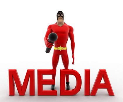 3d superhero media text concept on white background, front angle view