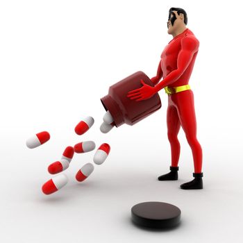 3d superhero throw medicine capsules concept on white background, side angle view