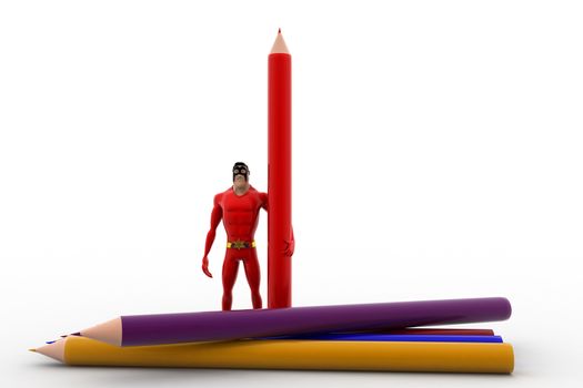 3d superhero with many colourful pencils concept on white background, front angle view