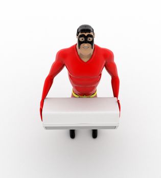 3d superhero holding air conditioner in hands concept on white background, top angle view