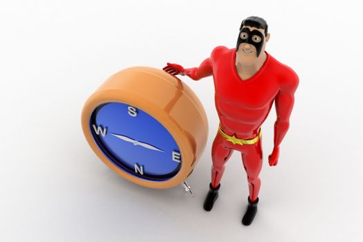 3d superhero with compass concept on white background,  top angle view