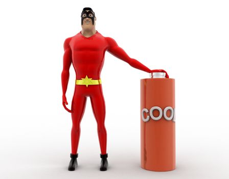 3d superhero with cool battery concept on white background, front angle view