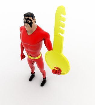 3d superhero holding key in one hand concept on white background, top angle view