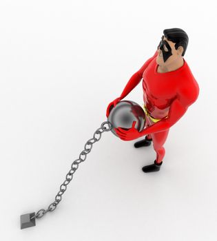 3d superhero pulling chain ball concept on white background,  top angle view