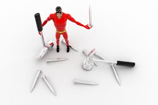 3d superhero with hammer and nail concept on white background, top angle view