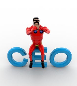 3d superhero sitting on CEO text and searching using binocular concept on white background, top angle view