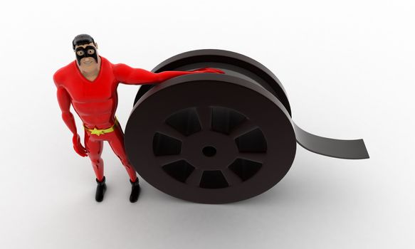 3d superhero with film roll concept on white background, top angle view