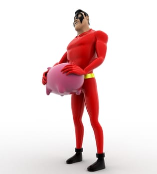 3d prnguin holding pink piggybank concept on white background, side angle view