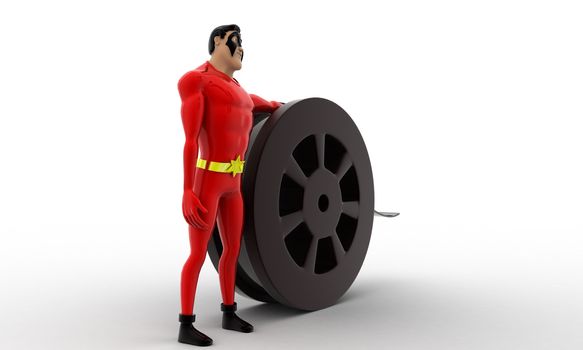 3d superhero with film roll concept on white background,  side angle view