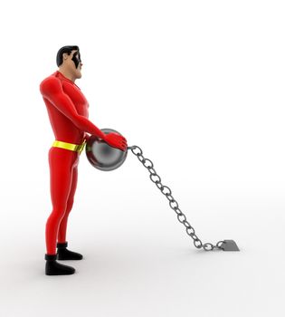 3d superhero pulling chain ball concept on white background,  side angle view