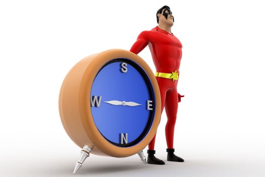 3d superhero with compass concept on white background,  side angle view