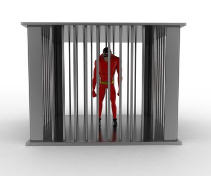 3d superhero into bar jail concept on white background, front angle view