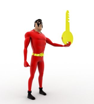 3d superhero holding key in one hand concept on white background, side angle view