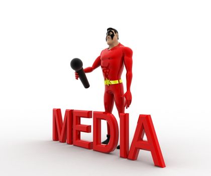 3d superhero media text concept on white background, side angle view