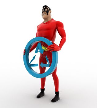 3d superhero holding recycle symbol concept on white background, side angle view