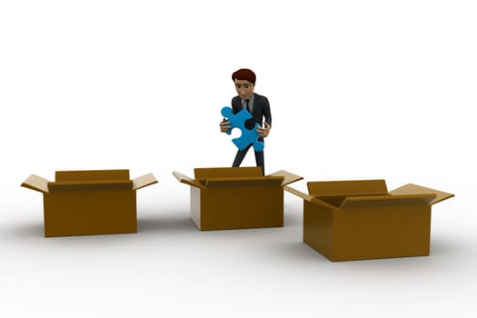3d man taking out blue puzzle from box,s concept on white background, front angle view