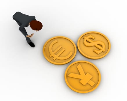 3d men with dollar euro and yen sign concept on white background, top angle view