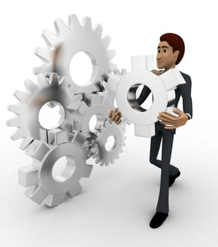 3d man with cog wheels concept on white background, front angle view