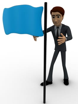 3d man with blue flag concept on white background, front angle view