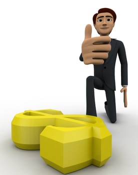 3d man with yellow dollar sign concept on white background, front angle view