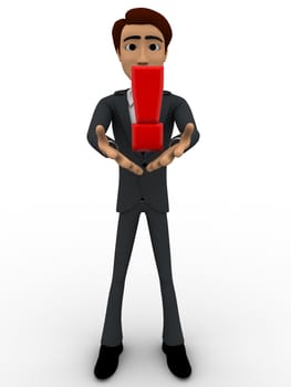 3d man standing with red exclamation mark in hand concept on white background, front angle view