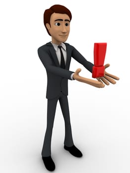 3d man standing with red exclamation mark in hand concept on white background, side angle view
