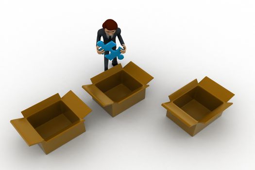 3d man taking out blue puzzle from box,s concept on white background, top angle view