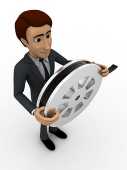 3d man holding  film reel concept on white background, top angle view