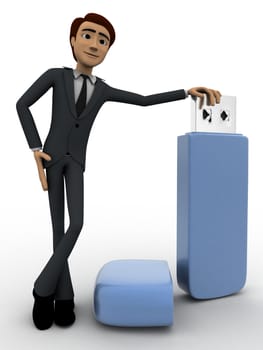 3d man standing with USB pen drive concept on white background, front angle view