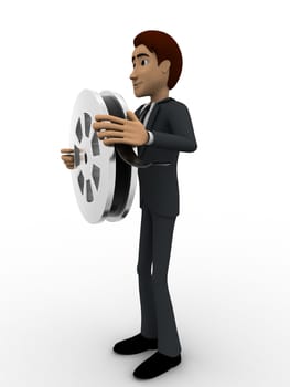 3d man holding  film reel concept on white background, side angle view