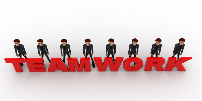 3d men standing with team work text concept on white background, top angle view