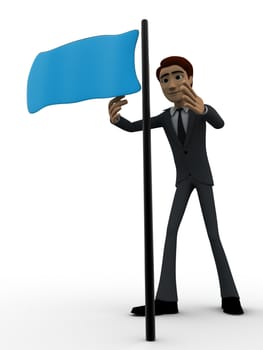 3d man with blue flag concept on white background, side angle view