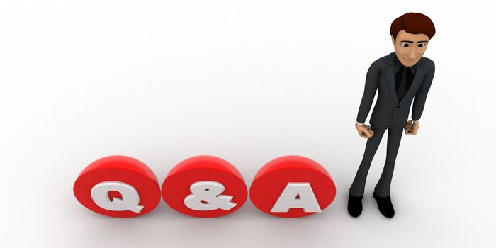 3d man standing with red  circular  blocks Q&A text concept on white background, top angle view