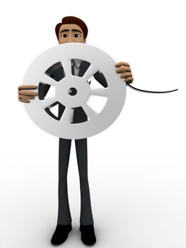 3d man holding  film reel concept on white background, left angle view