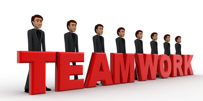 3d men standing with team work text concept on white background, side angle view