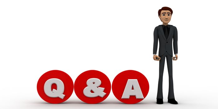 3d man standing with red  circular  blocks Q&A text concept on white background, side angle view