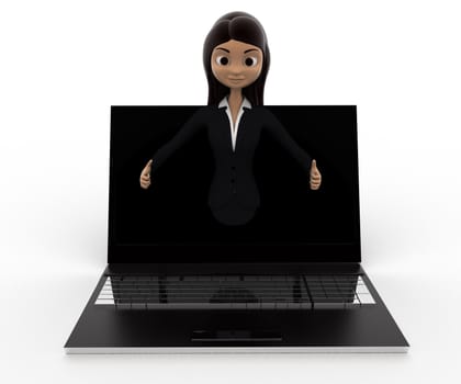 3d woman popping out of laptop concept on white background, front angle view