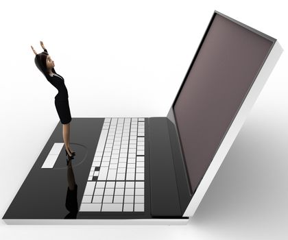 3d woman standing on laptop concept on white background,  side  angle view