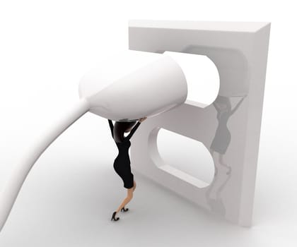 3d woman putting pin in the plug concept on white background, front  angle view