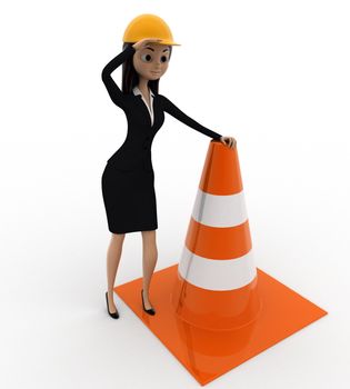 3d woman standing with traffic cone concept on white background, side angle view