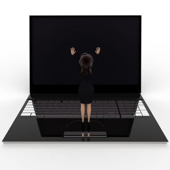 3d woman standing on laptop concept on white background, back angle view