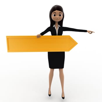 3d woman standing with golden directional arrow concept on white background, front angle view