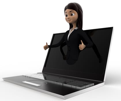 3d woman popping out of laptop concept on white background, side angle view