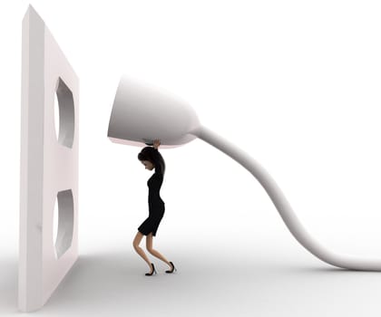 3d woman putting pin in the plug concept on white background, side angle view