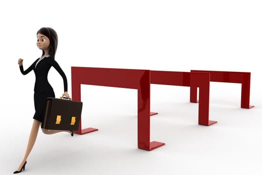 3d woman crossing hurdles concept on white background, side angle view