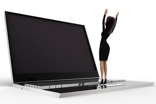 3d woman standing on laptop concept on white background,  side  angle view