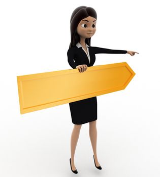 3d woman standing with golden directional arrow concept on white background, side angle view